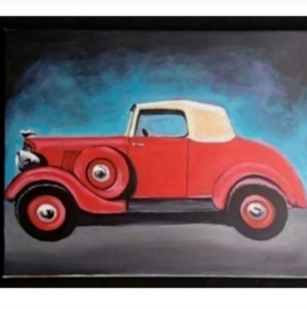 ClassicCar Buff Red Historic painting original artist acrylic on canvas gift